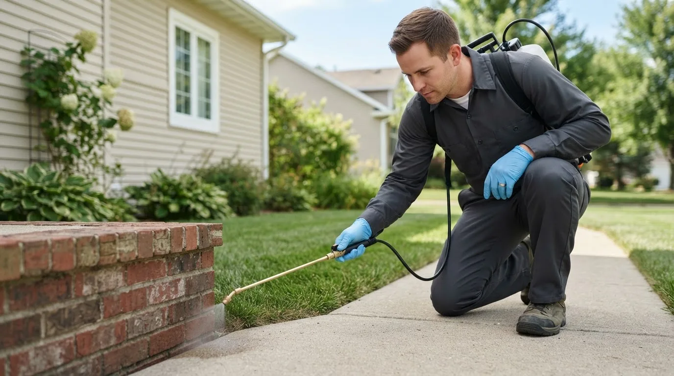 Pest control technician treating a home near Ochlocknee, GA